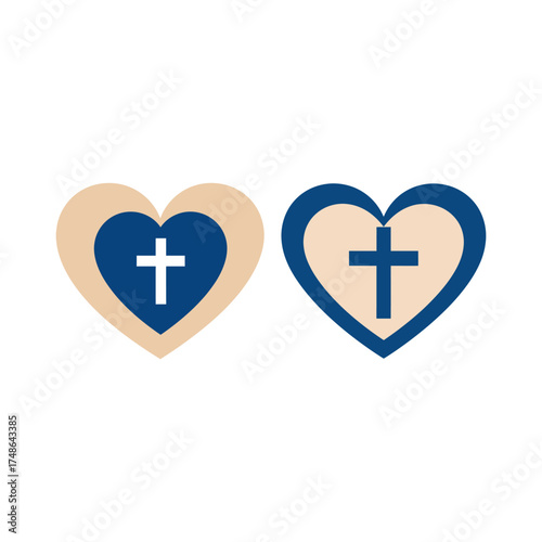 Two hearts, one with a beige outline and blue interior, the other with a blue outline and beige interior, each containing a white cross.