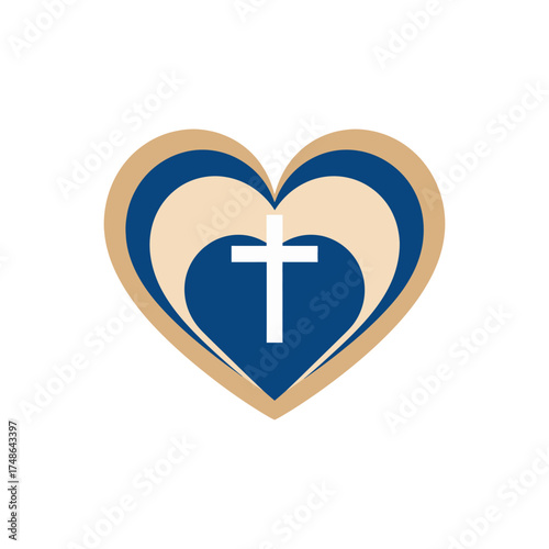 A stylized graphic featuring a white Christian cross nested within concentric heart shapes in blue, beige, and gold.