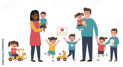 Heartwarming family and healthcare concept with happy children, parents, and medical checkup, promising health and happiness for a bright future