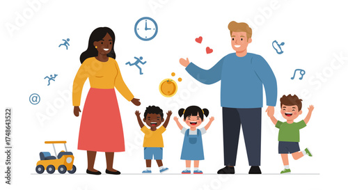 Happy diverse family with playing children, joyful moments of parenting, positive childhood, modern family lifestyle, togetherness, love, and care illustration