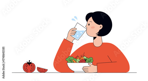 Stay Hydrated and Healthy with Fresh Salad and Water for Wellness, A Vibrant Illustration for a Healthy Lifestyle and Balanced Nutrition Concept
