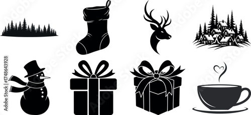Vector art of collection of black silhouette christmas icons including a snowman, gifts, deer, stocking, and trees