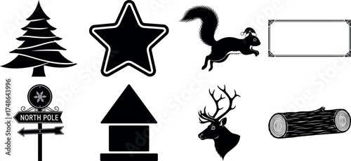 Vector art of assortment of nature and winter elements including a christmas tree, squirrel, and deer