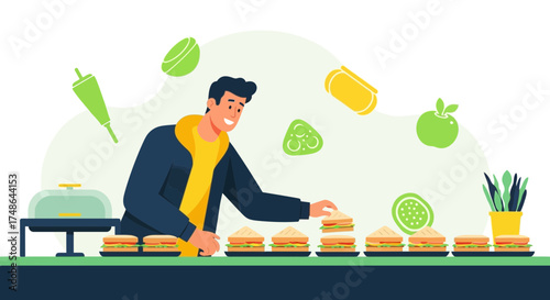 Sandwich Assembly: A Man Crafting Delicious Culinary Creations With Fresh Ingredients