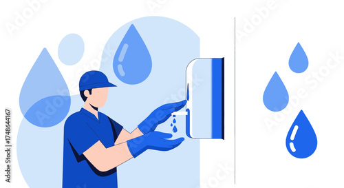 Sanitation And Hygiene Illustration Depicting Proper Hand Disinfection Procedure With Dispenser
