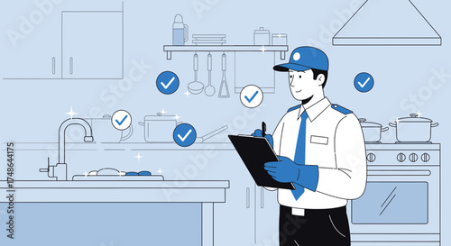 Sanitation Inspector in a Kitchen Inspecting Cleanliness and Compliance Standards Approved
