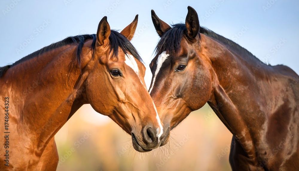 Fototapeta premium Two horses facing each other, heads close