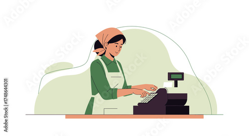 Shopkeeper Operating Cash Register in Store Vector Illustration with Minimalist Style