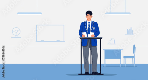 Schoolboy Giving a Presentation in a Classroom, Vector Illustration in Flat Design