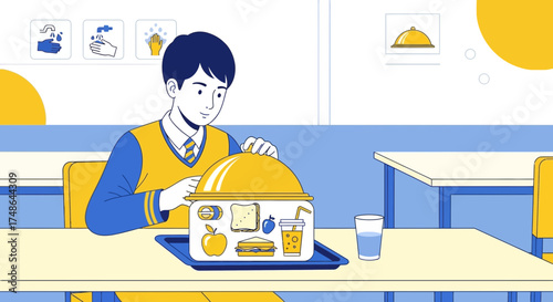 School Lunch Scene: Boy Prepares To Eat Fresh And Balanced Meal At The Table