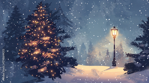 watercolor illustration, Christmas Eve, Christmas tree decorated with garlands, winter night landscape, street lamp in the park, vintage postcard, horizontal banner, copy space, free space for text