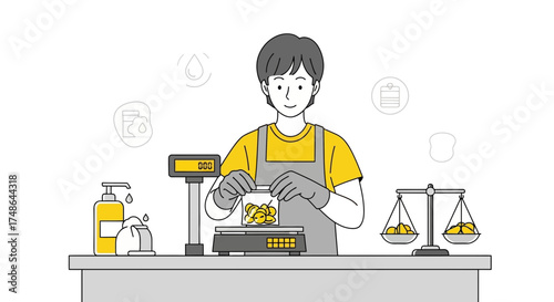 Shopkeeper Weighing Items Into a Bag, Modern Illustration of Commodities and Trading
