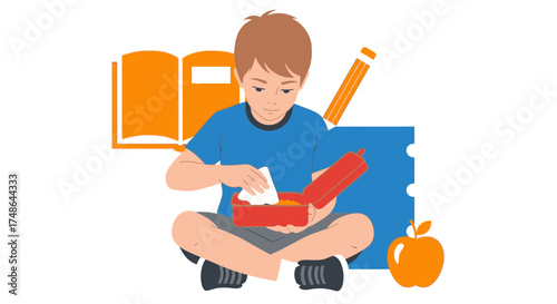 Schoolboy Preparing Lunchbox with Apple, Pencil, and Book for School, Illustration