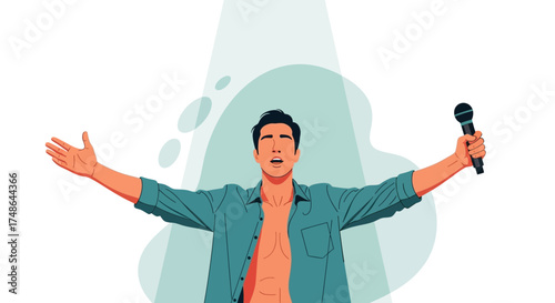 Singer Performing Under Spotlight, Open Arms Wide, Holding Microphone, Vector Illustration