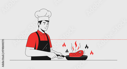 Skilled Chef Preparing a Delicious Steak Dish on Hot Pan for Gourmet Dining