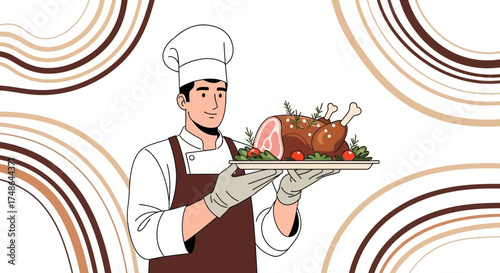 Skilled Chef Presenting a Roasted Feast on a Platter in a Culinary Illustration