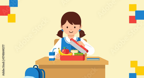 Schoolgirl Packs Lunch At Desk With Fresh Food And A Beverage For Education