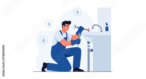 Skilled Plumber Fixing Sink With Tools, Conceptualizing Water Maintenance And Repair