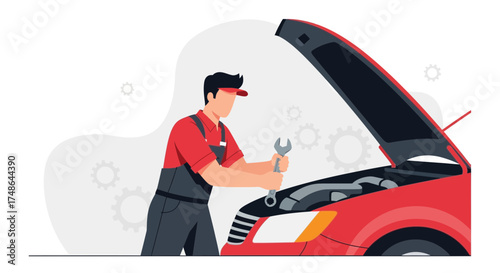 Skilled Mechanic Inspects Red Vehicle Engine And Performs Maintenance Task Efficiently