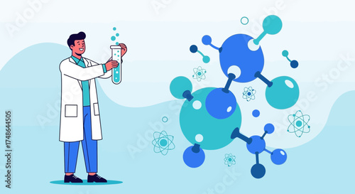 Scientist Analyzing Chemical Reactions In A Laboratory With Molecular Structures Illustration