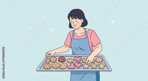 Smiling Baker Presenting Array of Baked Goods Freshly Removed From Oven With Delight