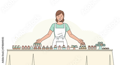 Smiling Baker Presents Her Delicious Cupcakes and Treats on a Festive Table
