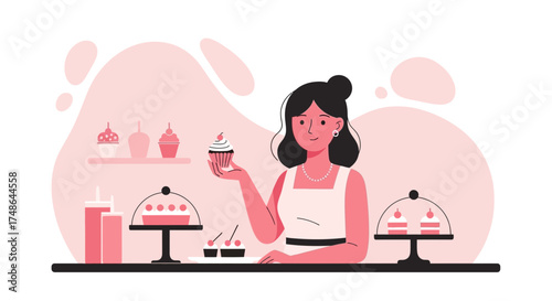 Smiling Baker Woman Offering a Delicious Cupcake in Modern Flat Vector Illustration