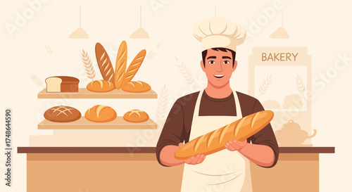 Smiling Baker Proudly Displaying Freshly Baked Baguette In A Well-Lit Bakery Setting