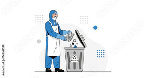 Scientist Disposing Hazardous Waste in Container With Symbols Illustrated