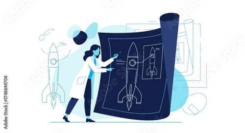 Scientist Outlines Rocket Design With Blueprint, Focused on Space Exploration And Rocket Science