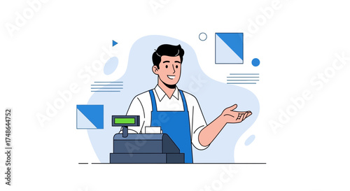 Smiling Cashier Welcoming Customers At The Counter With Modern Minimalist Illustration