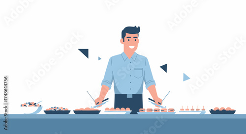 Smiling Chef Preparing Food Display: A Culinary Professional in Action For Catering