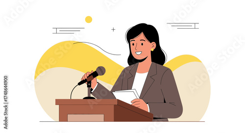 Smiling Female Public Speaker Holding Microphone in Front Of Wooden Lectern Presentation