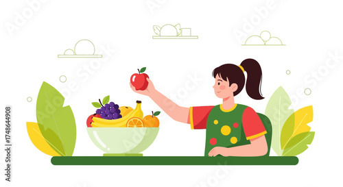 Smiling Girl Choosing Red Apple From Bowl Of Fruit For Healthy Lifestyle Choice