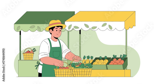Smiling Farmer Organizing Fresh Produce At A Vibrant Outdoor Farmers Market Stall