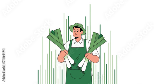 Smiling Farmer Showcasing Harvested Leeks With Decorative Green Vertical Lines Background