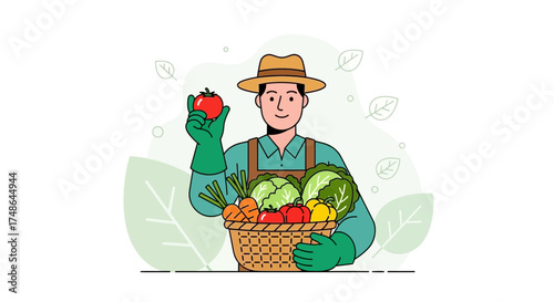 Smiling farmer with a basket full of fresh vegetables and a single tomato