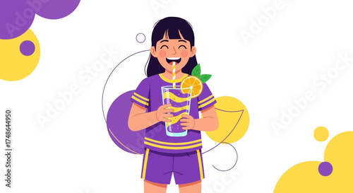 Smiling Girl Enjoying Lemonade: A Refreshing Summer Beverage Illustration