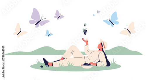 Serene Moment Depicts Person Relaxing Among Fluttering Butterflies and Grapes