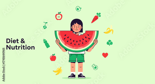 Smiling Girl Eating Watermelon With Healthy Food Icons Around, Diet And Nutrition