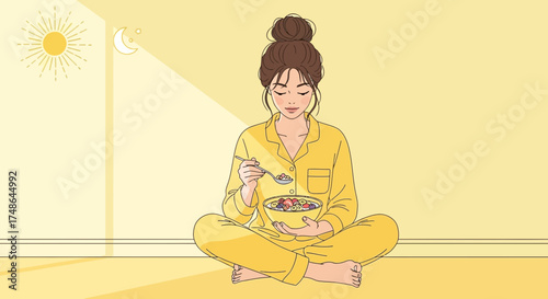 Serene Morning Ritual: A Woman Enjoys Breakfast in a Calm, Yellow-Toned Setting