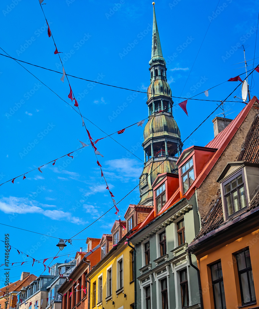 Obraz premium Rigas Saint Peter Church with a large tower in Riga old town. Parish church of the Evangelical Lutheran Church of Latvia