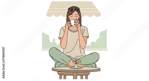 Serene Woman Sipping Beverage Outdoors Under A Relaxing Canopy Environment