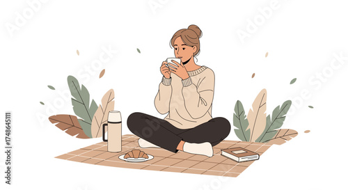 Serene Woman Enjoying Beverage Outdoors During Peaceful Moment Illustration