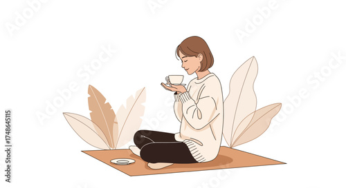 Serene Woman Savors Herbal Infusion While Meditating Amidst Botanical Backdrops