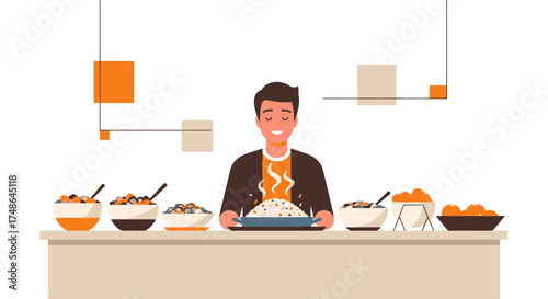 Smiling Man Serving Steaming Dish At A Buffet Style Table, Perfect For Healthy Eating