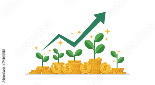 Growing Investment and Financial Growth Concept with Plants and Coins
