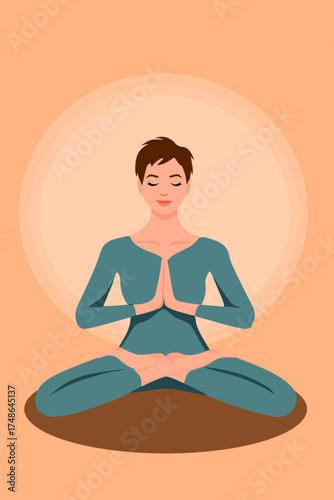 Woman meditating in lotus pose - calm yoga illustration.