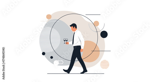 Server Carries Wine Glasses with Abstract Geometric Background in Vector Illustration