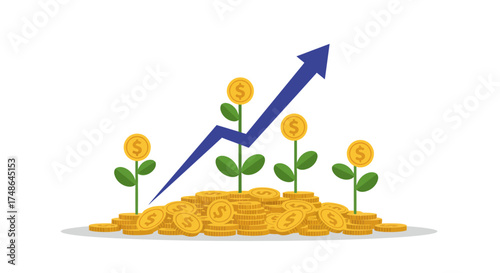 Financial Growth and Investment Returns Illustrated by a Rising Arrow Over Piles of Coins and Plants